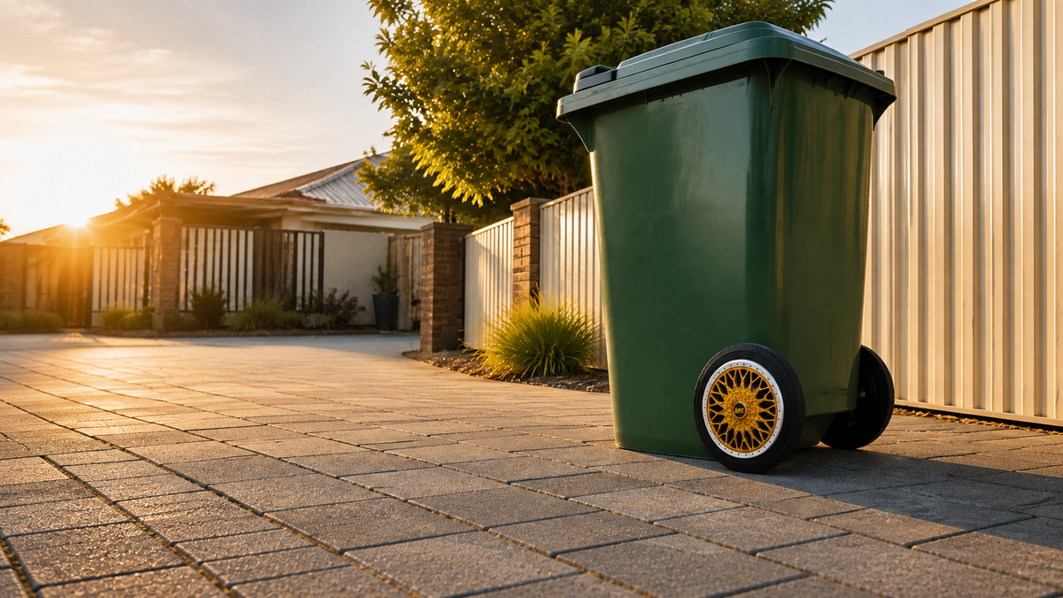 Green Australian wheelie bin fitted with an original gold decorative wheel cover in a warm Perth driveway